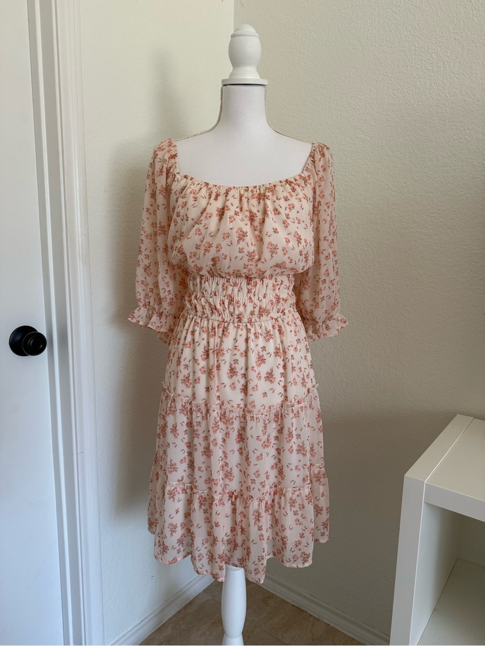 Trixxi Pink Floral Midi Dress with Smocked Waist